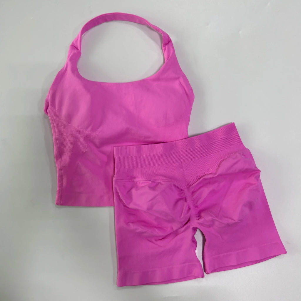 Conjunto de ginástica de 2 peças de ioga para mulheres, tops tipo halter sem costas, shorts sem costura de cintura alta, conjunto de ginástica, sutiãs esportivos de fitness, roupa esportiva, conjuntos de treino