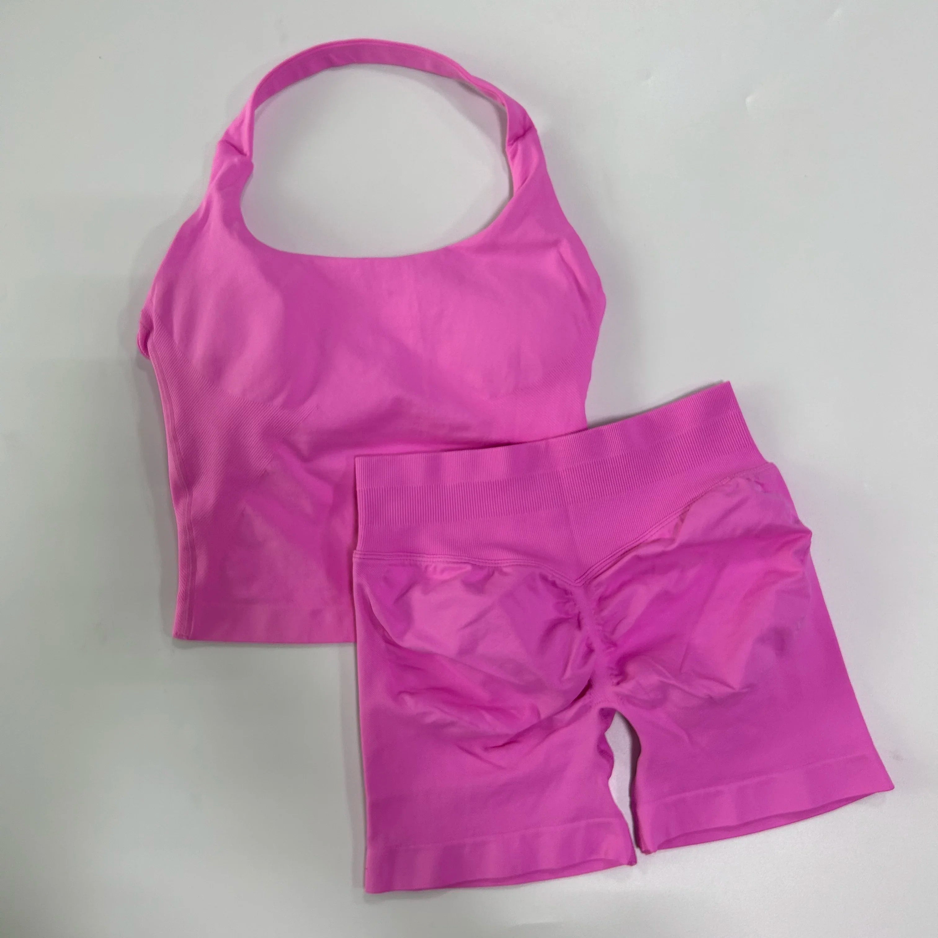 Conjunto de ginástica de 2 peças de ioga para mulheres, tops tipo halter sem costas, shorts sem costura de cintura alta, conjunto de ginástica, sutiãs esportivos de fitness, roupa esportiva, conjuntos de treino