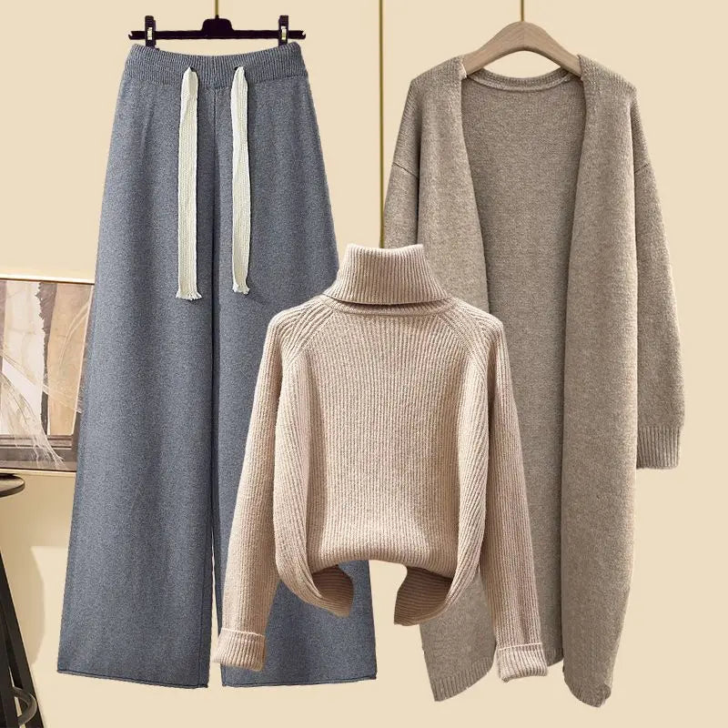 Conjunto Feminino de Tricô Moda Três Peças Outono Novo Estilo Preguiçoso Cardigã Aberto Calças Wide Leg Slim