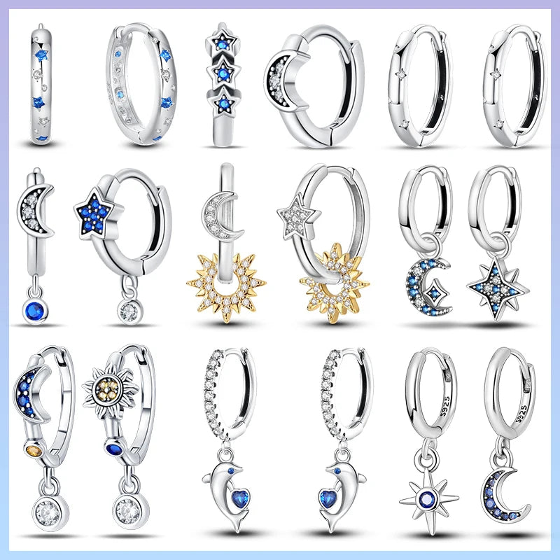 Brinco Feminino de Prata Esterlina 925 com Charm da Série Céu Estrelado Lua Universo Zircônia Brilhante Azul Joia para Uso Diário