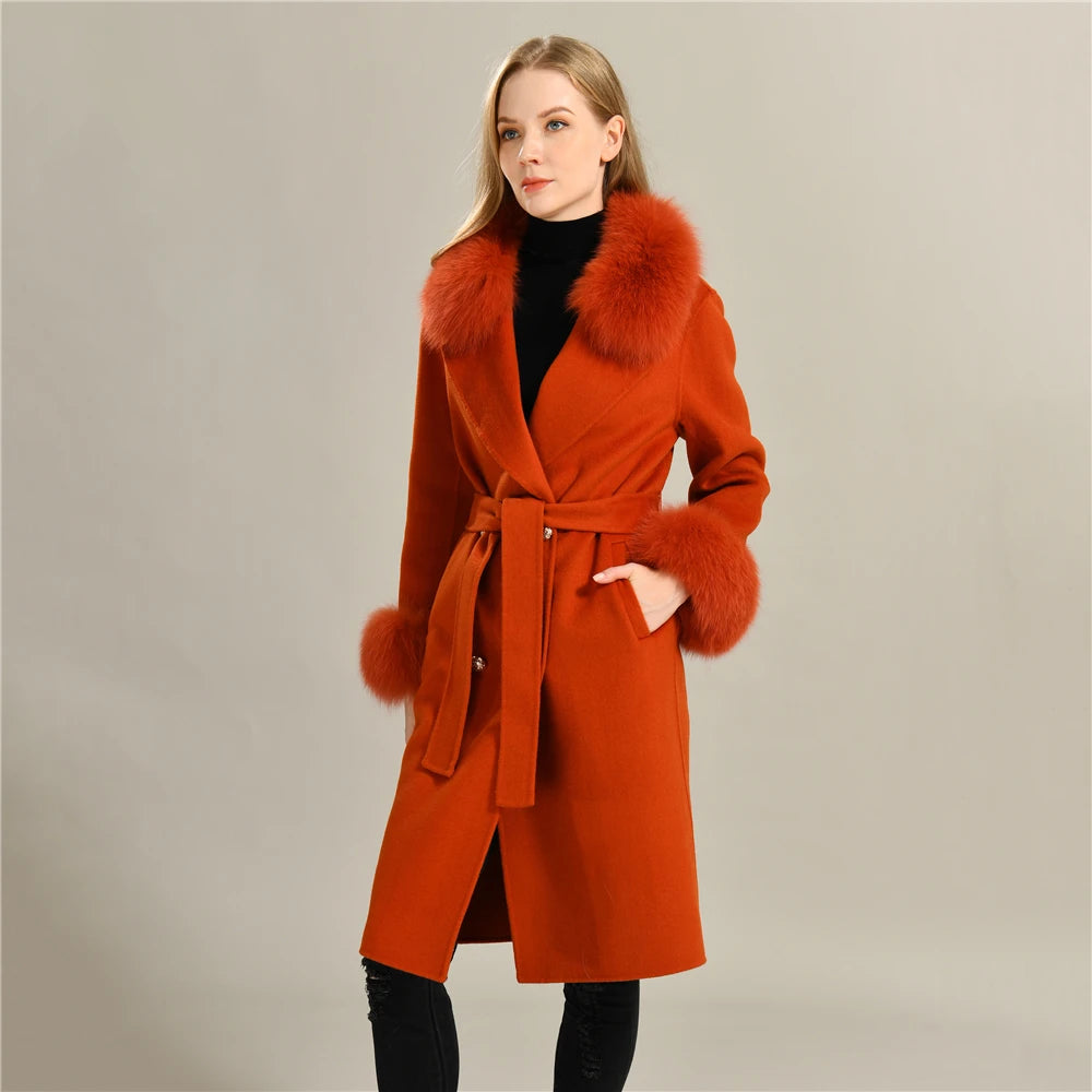 Jxwatcher Cashmere Lã Casaco Primavera Real Fox Colarinho Casaco de Lã de Trincheira Mulheres Inverno Casaco Quente Venda Longo Estilo Casacos de Lã