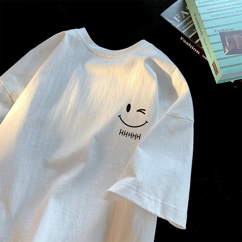 Men Womens Smiling Face Funny Fashion Couple Short Sleeved T Shirt American Basic Simple Oversized Loose Boys Pullover Top - Apricot L