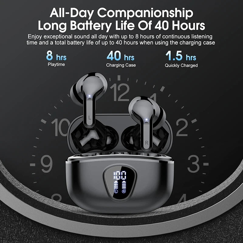 Fones de Ouvido Sem Fio BT5.3 HiFi Estéreo com Microfone ENC com Cancelamento de Ruído 48H Display LED IP7 à Prova D'água