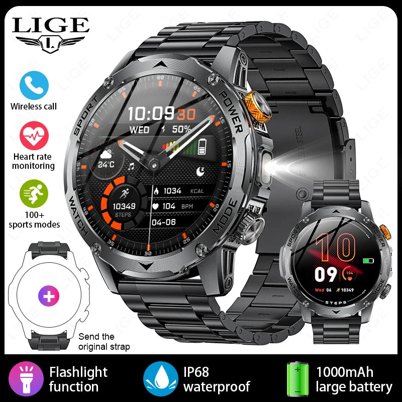 LIGE Novo Smartwatch Masculino Bateria de Grande Capacidade 1000mAh Lanterna Externa Chamada Bluetooth À Prova D'água Esportivo Fitness Smartwatch
