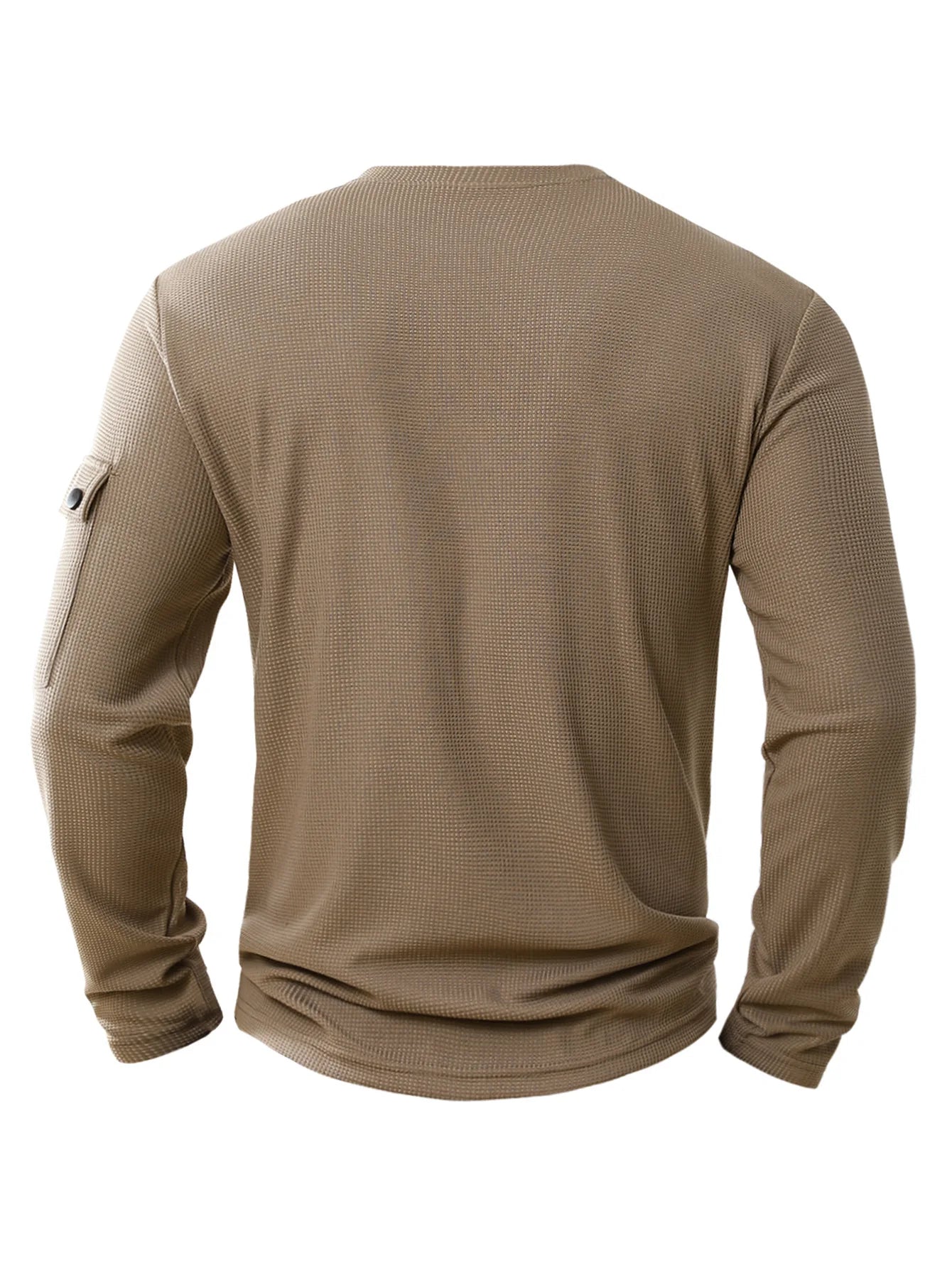 Camiseta Henley Masculina Manga Longa Casual com Botões Lisa de Algodão Waffle Falsa de Duas Peças