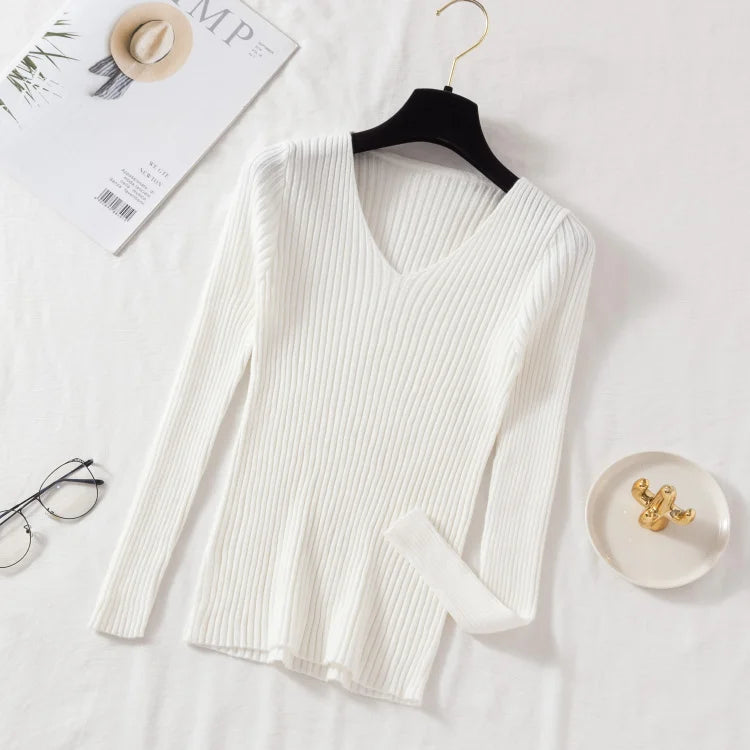Outono Inverno Mulheres Suéteres Casuais Manga Longa Tricô Gola V Pulôver Suéter Feminino Básico Sólido Jersey Tops Roupas da Moda