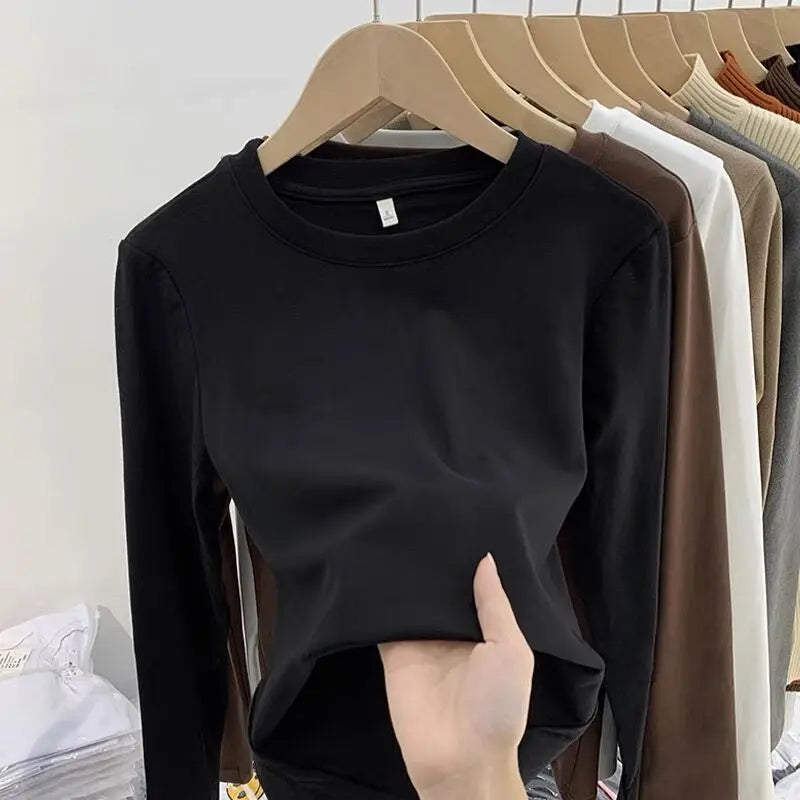 Camiseta Gola Redonda Feminina Outono Inverno 2026 Novo Estilo Cor Pura Ajuste Slim Interior Em Fleece Grosso Manga Longa - S 501 temperamento cinza escuro