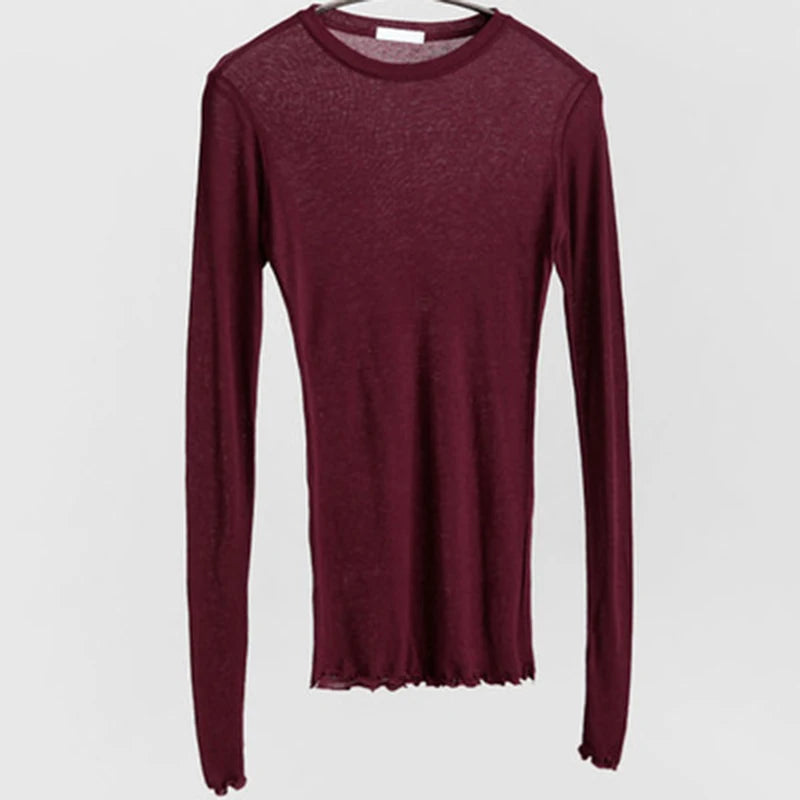 Camiseta Básica Lisa de Alta Qualidade Feminina Algodão Elástico Camisetas Básicas Femininas Casual Tops Manga Longa Sexy Camiseta Fina Transparente - CINZA G