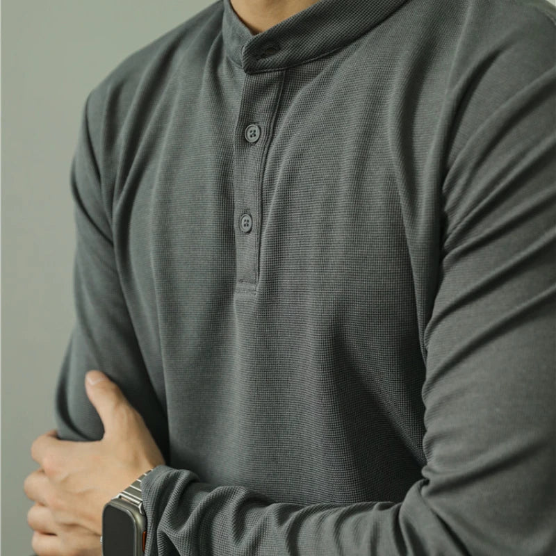 Polo Masculina de Luxo Manga Longa Gola Padre Lisa com Abertura Henley Casual Executiva.M-4XL
