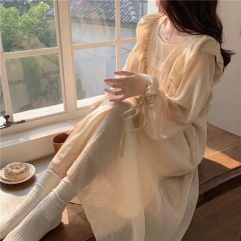 Vestido Feminino Noturno Sexs Plus Size Cor Sólida Camisola Primavera Verão Pijama Feminino Doce Longo Branco Manga Longa Loungewear