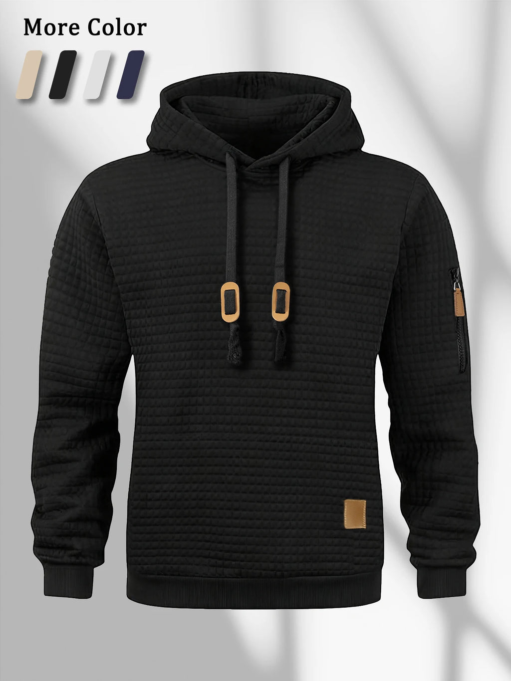 Moletom Masculino de Outono com Capuz Padrão Waffle Manga Longa Cor Sólida Casual Quente Pulôver Esportivo Masculino para Ar Livre