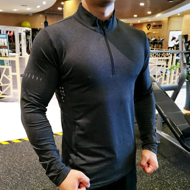Camisa Masculina Manga Longa Compressão para Corrida Secagem Rápida Academia Fitness Ciclismo Zíper Rashguard