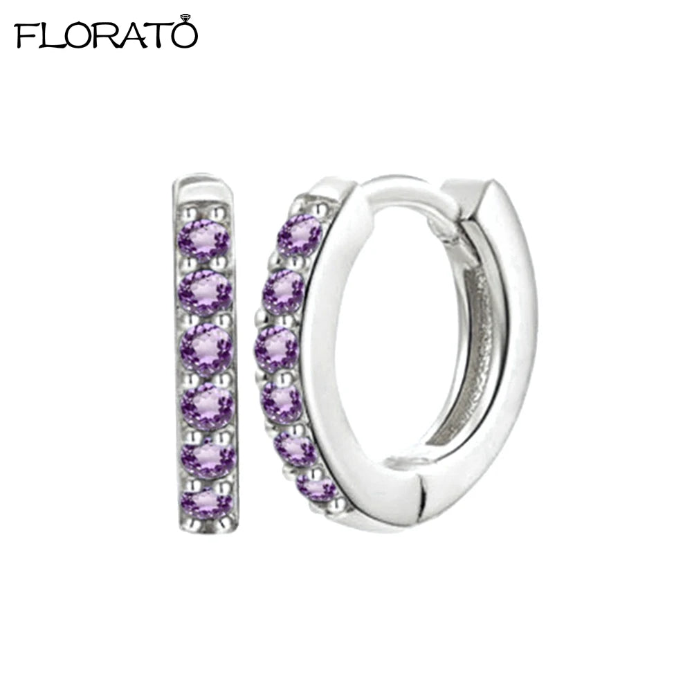 925 Silver Needle Crystal 9mm Small Hoop Earrings for Women Minimal Huggie Earrings Colorful Zircon Piercing Earrings Jewelry
