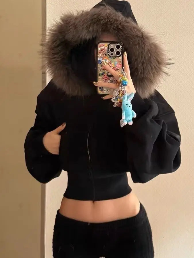 Retro American Black Fur Collar Short Zipper Jacket Womens Autumn Winter Warm Fleece Design Sense Short Cardigan 1 - Xl Black