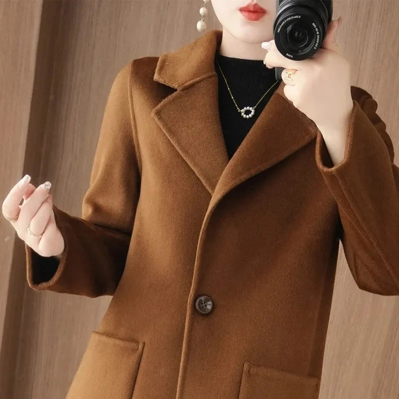 Jaqueta Feminina Casaco De Lã Cashmere Dupla Face 100% Pura Lã Outono Inverno Novo Casaco Corta-Vento De Lã Slim De Um Botão De Comprimento Médio