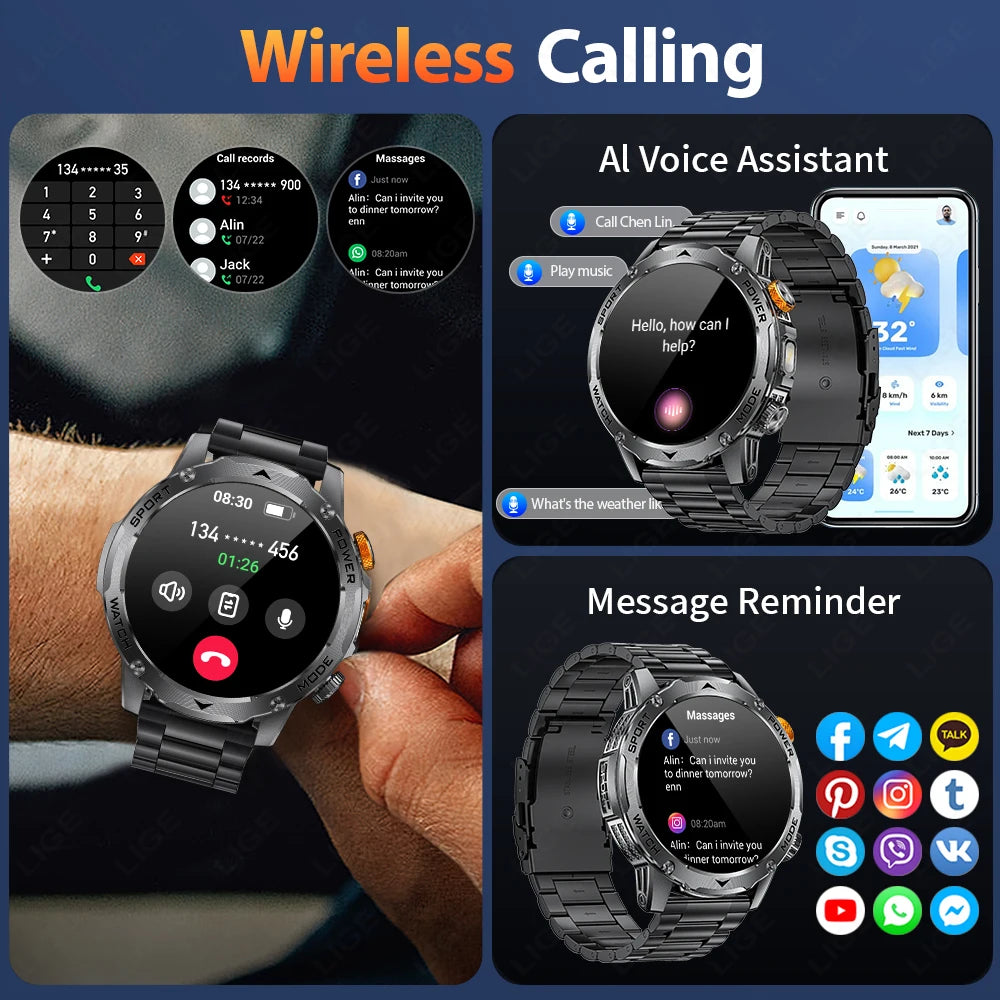 LIGE Novo Smartwatch Masculino Bateria de Grande Capacidade 1000mAh Lanterna Externa Chamada Bluetooth À Prova D'água Esportivo Fitness Smartwatch