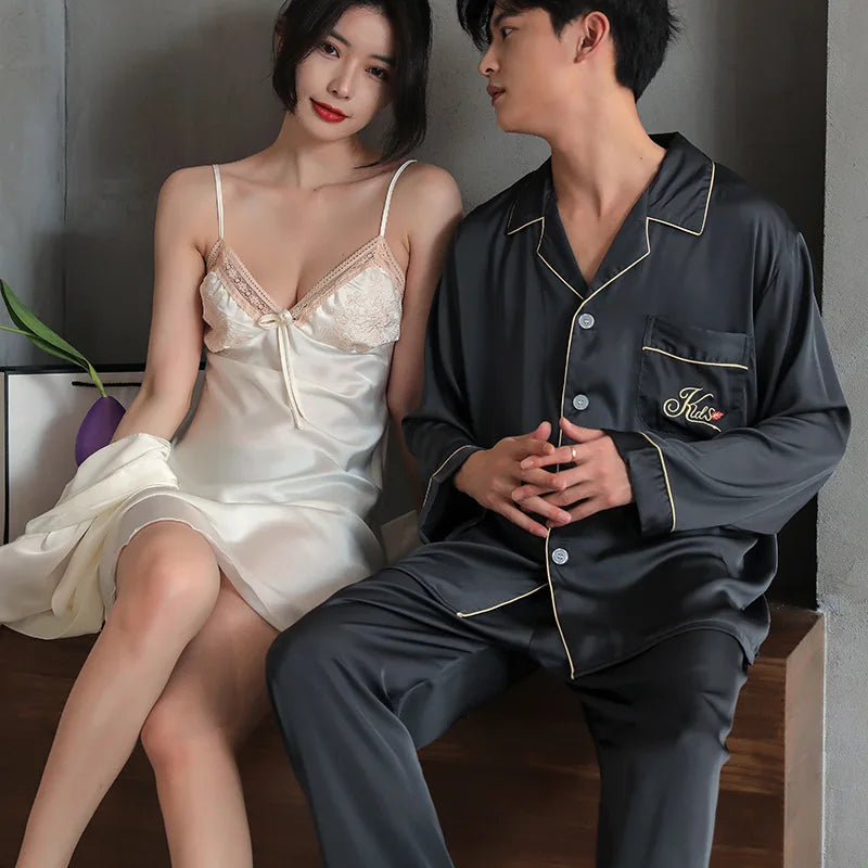 Pijama Masculino e Feminino em Seda Gelo para Casal - Pijama Masculino com Camisa e Calça, Nightdress Feminino de Renda com Robe