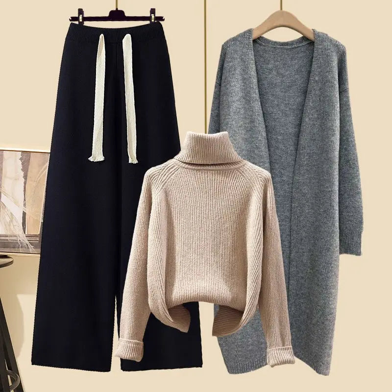 Conjunto Feminino de Tricô Moda Três Peças Outono Novo Estilo Preguiçoso Cardigã Aberto Calças Wide Leg Slim