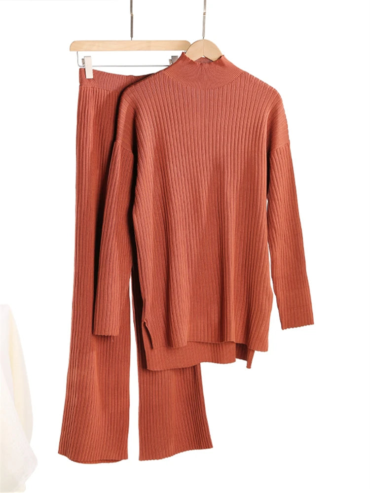 Conjuntos Femininos de Inverno Outono 2 Peças Agasalho de Malha Gola Rolê e Calça Jogger Reta