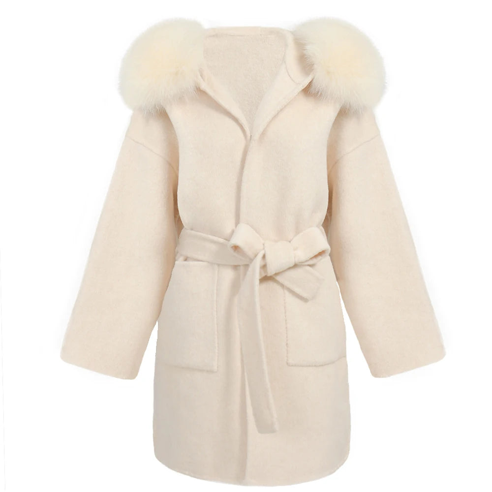 Jxwatcher Casaco de Lã e Misturas de Moda, Comprimento Médio, Jaqueta de Cashmere com Capuz, Gola e Punhos de Pele de Raposa 100% Real, Casaco de Inverno para Mulheres