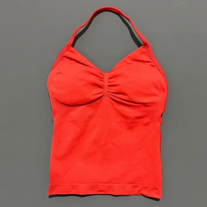 Conjuntos de Academia Femininos 2 Peças Impacto Sem Costura Fitness Yoga Roupa Esportiva Halter Top Shorts Roupa de Treino Corrida Roupa de Academia