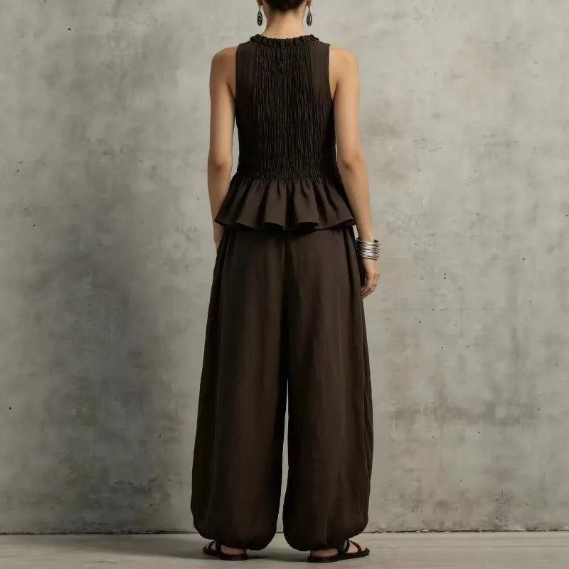 Conjunto Feminino Vintage 2 Peças Retrô, Blusa Plissada com Elástico Franzido sem Mangas e Calças Wide Leg com Manga Bufante, Conjunto Casual de Verão para Descansar em Casa