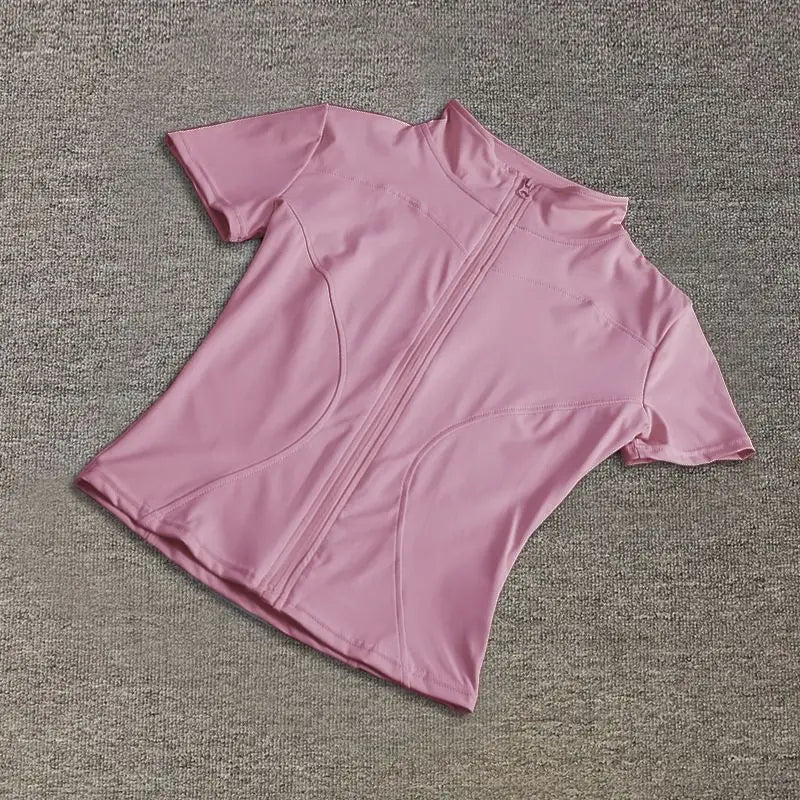 Verão de Alta Qualidade Modelador de Cintura Tops de Treino Feminino de Secagem Rápida Justo Gola Alta Zíper Completo Manga Curta Camisas de Yoga
