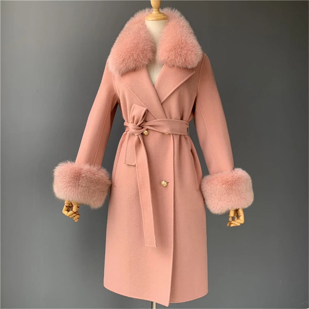 Jxwatcher Cashmere Lã Casaco Primavera Real Fox Colarinho Casaco de Lã de Trincheira Mulheres Inverno Casaco Quente Venda Longo Estilo Casacos de Lã