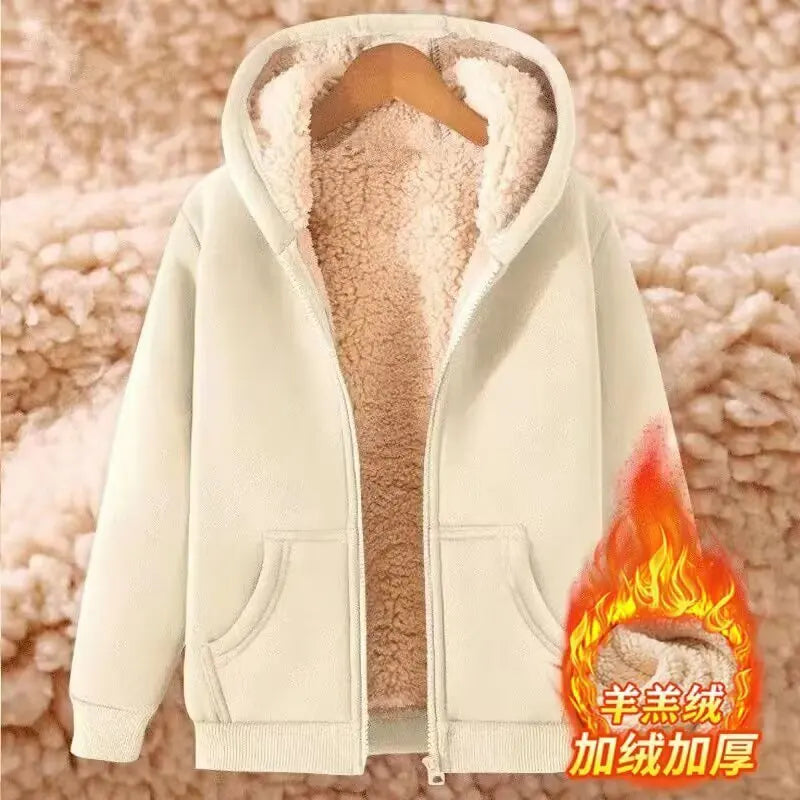Ladies Thickened Lamb Velvet Open Cardigan Hooded Zipper Loose Outerwear Winter Sweatshirt Trendy Warm Plus Size Coat 1 - 2xl 67.5-77.5kg Warm orange
