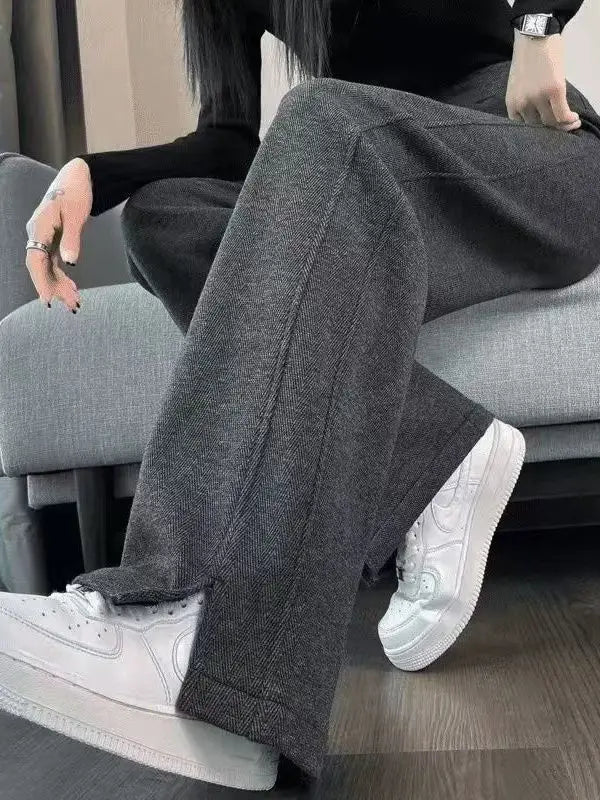 Calça Feminina Cintura Alta Perna Larga Casual Reta Forrada com Lã Grossa Calças Outono Inverno Novo Estilo da Moda