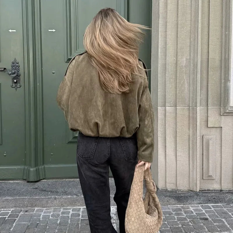 Casacos Bomber Femininos Casacos da Moda Gola Virada Manga Longa Casacos Largos Vintage Feminino Casacos Chiques Tops