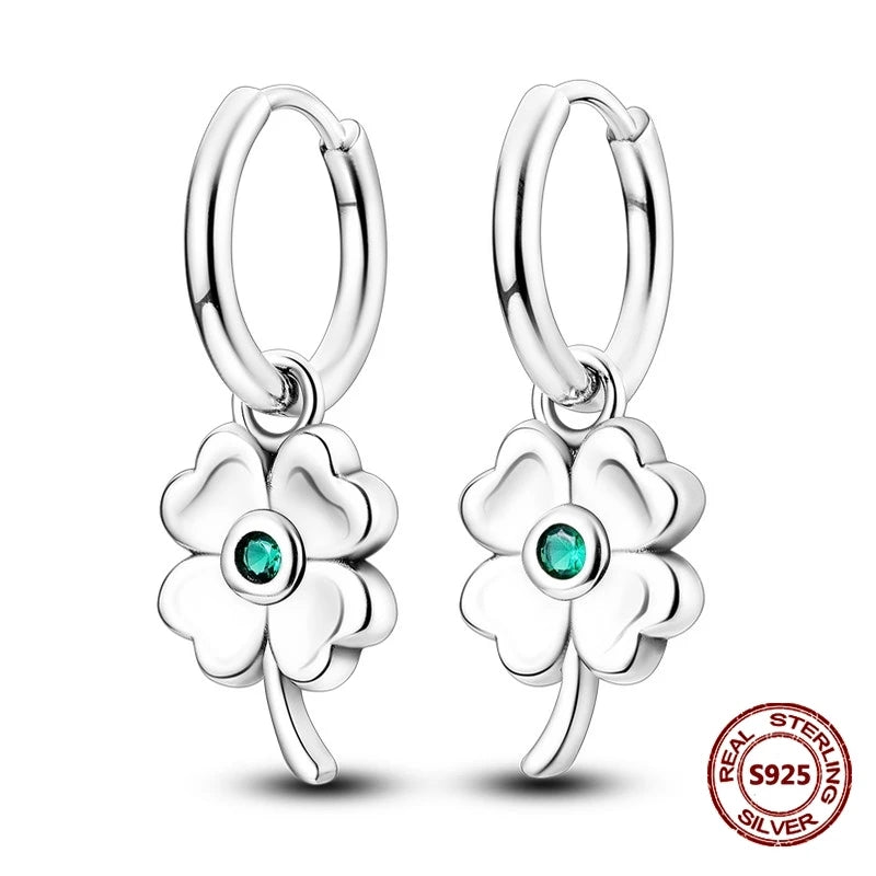 Lucky Clover Earrings 925 Silver Original Zircon Butterfly Dragonfly Chameleons Bee Flower Earrings For Women Jewelry Gift