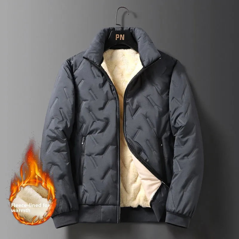 Jaqueta Masculina de Algodão Forrada com Lã Grossa Gola Alta Outono Inverno Quente Corta-Vento Tamanho Grande Casual Limpo Manga Longa