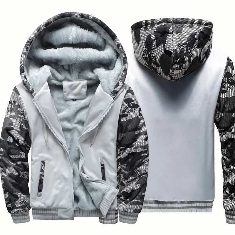 Jaqueta Masculina Inverno Camuflada Fleece Grossa Capuz Masculino Manga Comprida Casaco Casual Zíper Moletom Streetwear Casacos Masculinos
