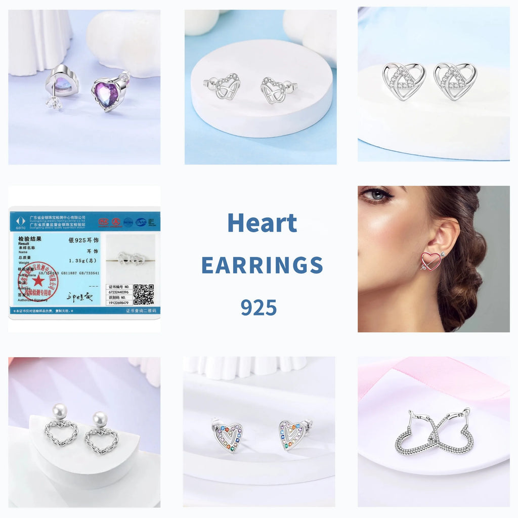 Brincos de Argola Coração Amor Brilhante Zircônia 925 Prata Esterlina Original para Mulheres Aniversário de Casamento Joia de Presente