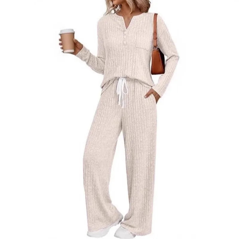 Women's Ribbed Knit Loungewear Set: Henley V-Neck Top Drawstring Wide Leg Pants