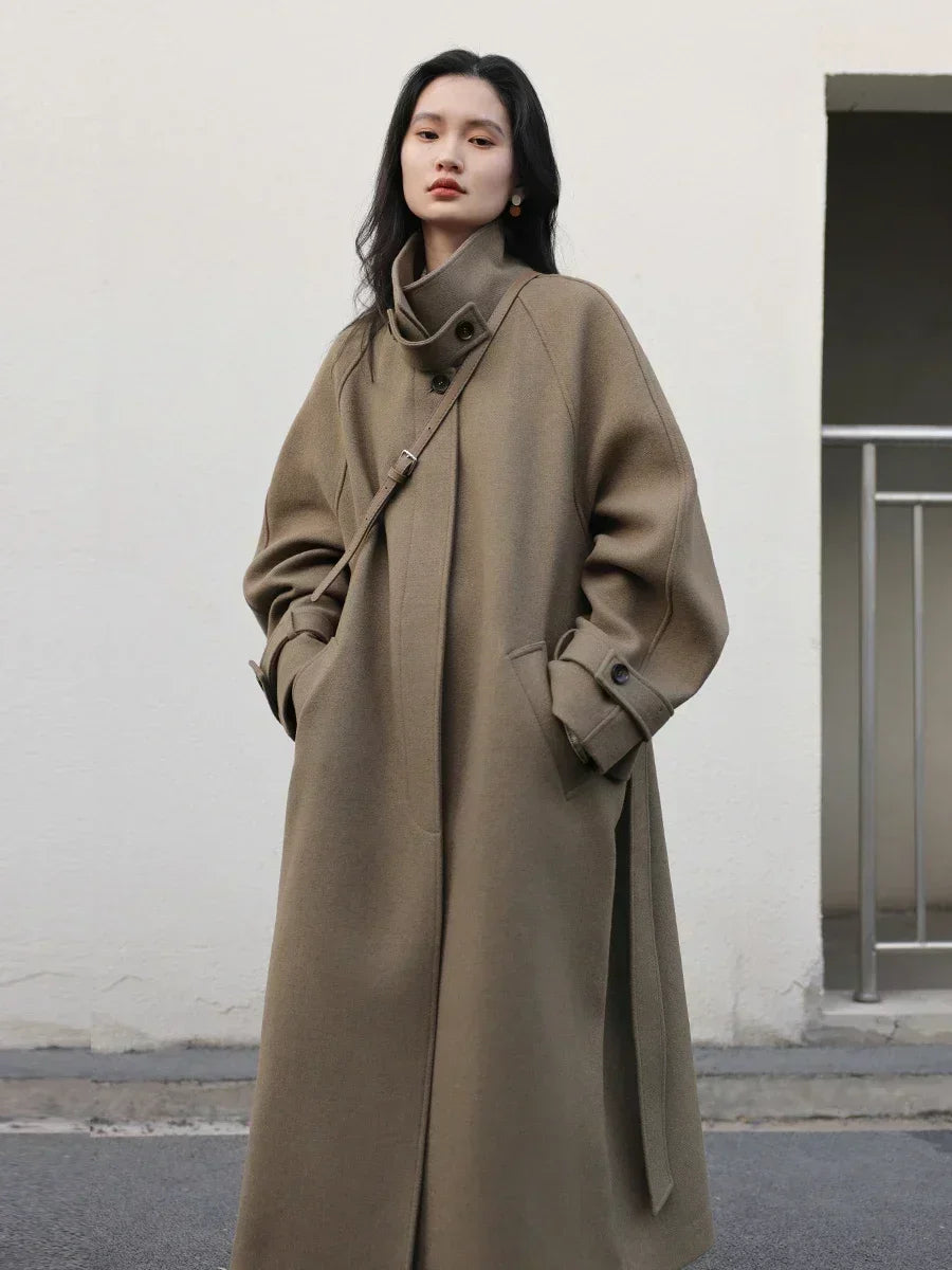 CHIC VEN Casaco Trench Longo Feminino Gola Alta Cinto Amarração Lã Manga Raglan Sobretudo Longo Escritório Senhora Outono Inverno 2024