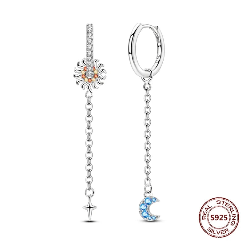 Star Moon Sun Hoop Earrings 925 Sterling Silver Original Star Shining Zircon Tassel Long Earrings For Women Luxury Jewelry Gift