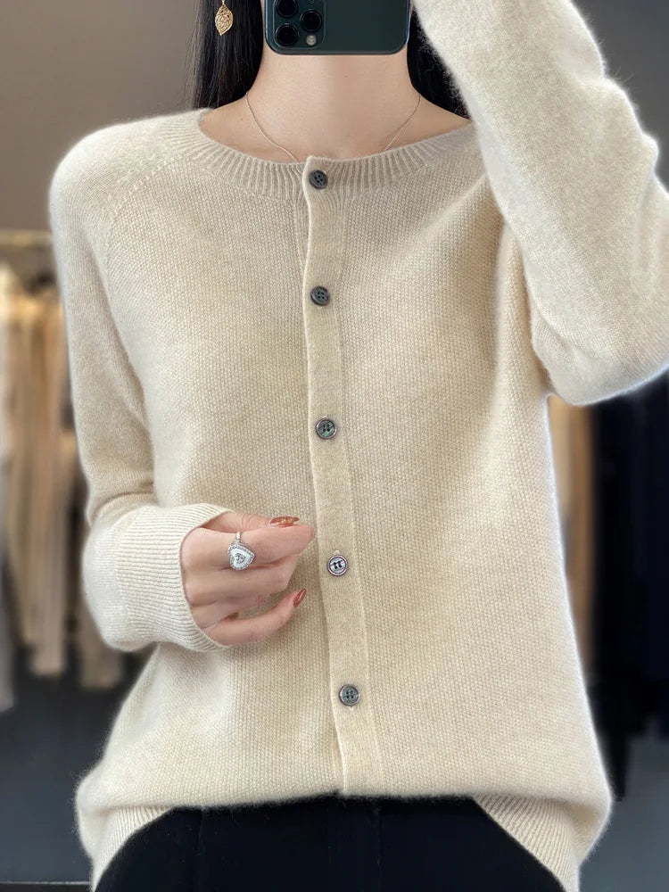 Cardigã Feminino de Lã Merino 100% Cashmere, Suéter para Outono Inverno, Gola Redonda, Manga Longa, Malha Feminina, Roupas Básicas, Blusas - Shumei XXL