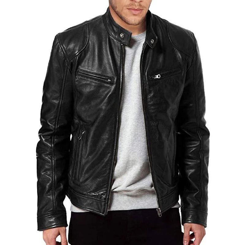 Jaquetas de Couro Masculinas de Motocicleta Jaqueta Casual de Moda Masculina Jaqueta de Couro PU Slim Fit com Lapela Casaco de Couro Masculino Anti-vento para Outono