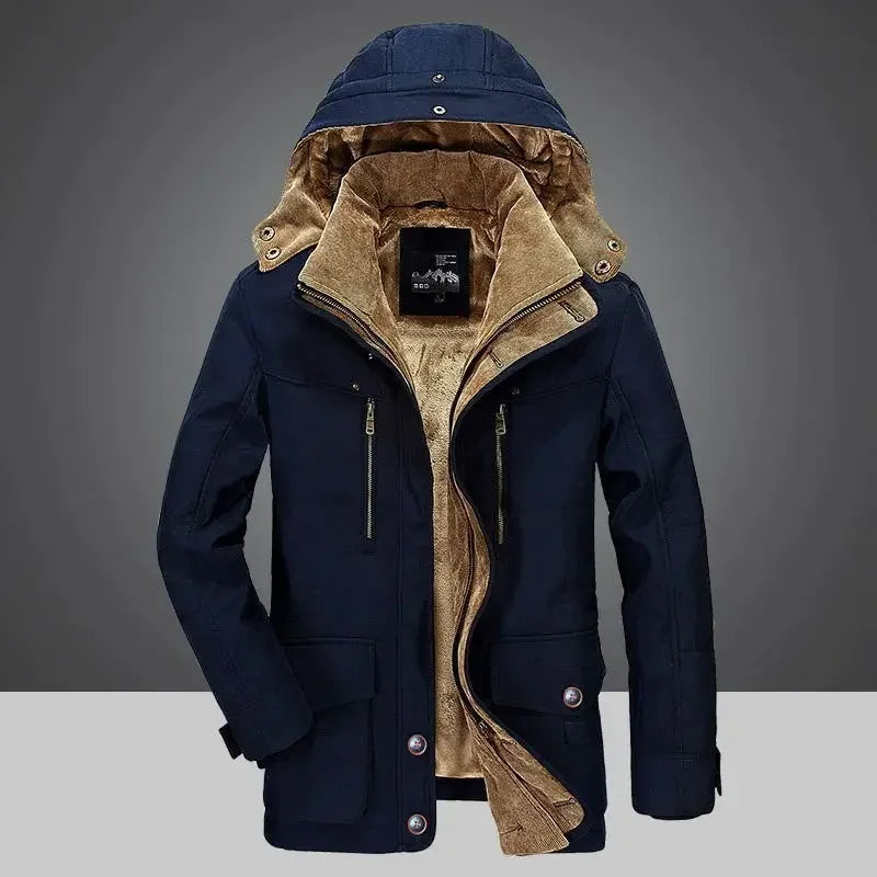 Jaqueta Masculina Parka Sólida Casaco Masculino Tamanho Grande Roupa Parka Externa Jaqueta Masculina de Inverno Mais Veludo Grosso Quente Multi Bolsos