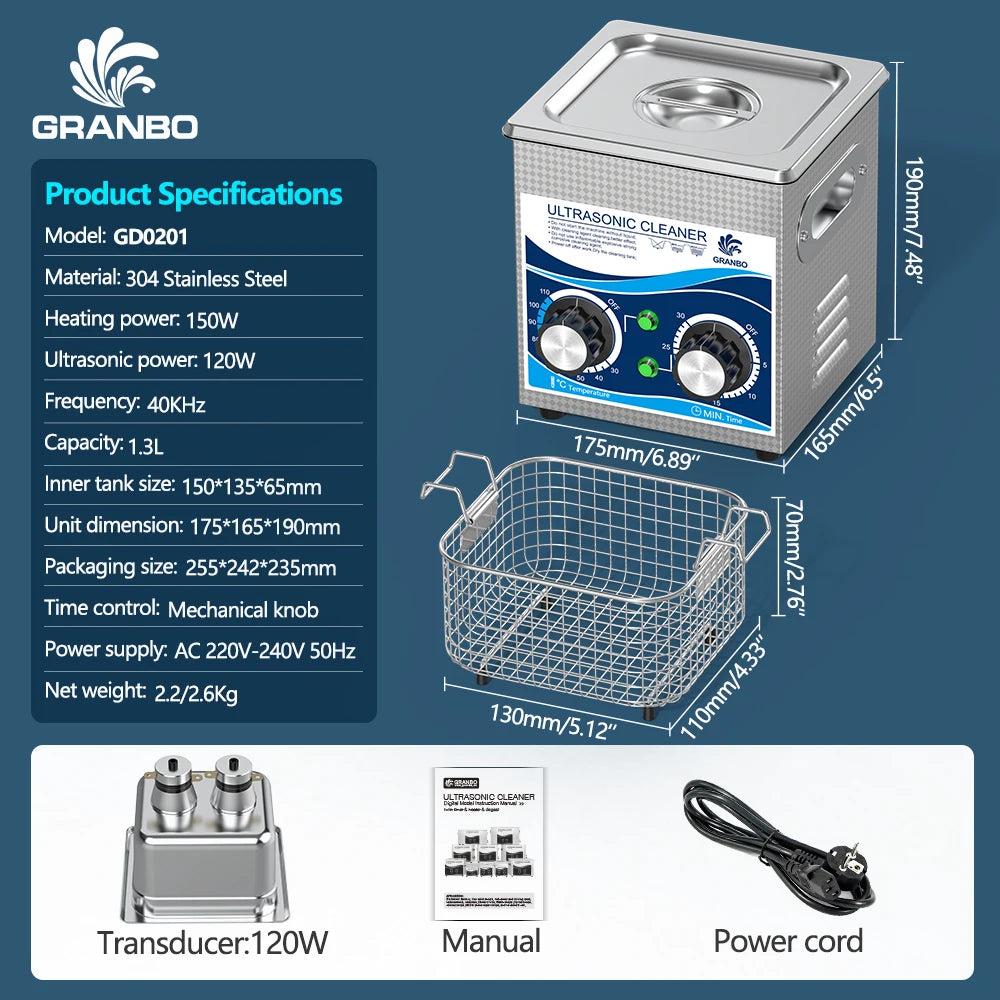 Máquina de Limpeza Ultrassônica Granbosonic 1L 60W/120W Aço Inoxidável Com Aquecedor Temporizador Para Joias Óculos Uso Doméstico