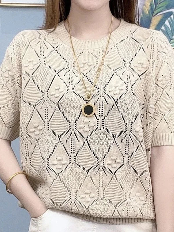 Camiseta Feminina Solta de Tricô Efeito Emagrecedor em Seda Gelada Manga Curta Verão Fina Moda Casual Vazada Decorada Co...
