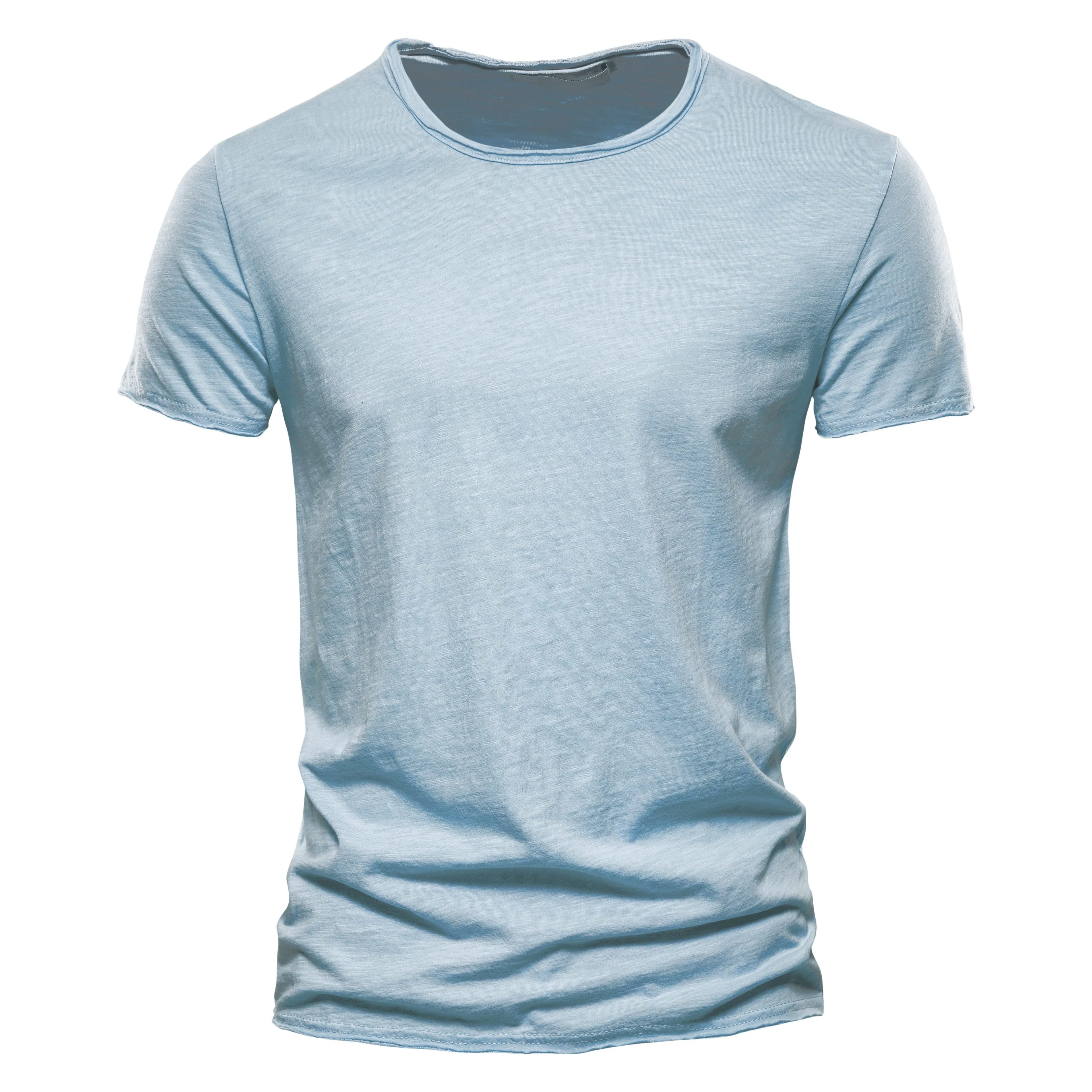 Camiseta Masculina 100% Algodão Casual Macia Fitness Verão Fina Camisetas Masculinas Roupa de Casa Gola O Manga Curta Lisa Camiseta para Homens