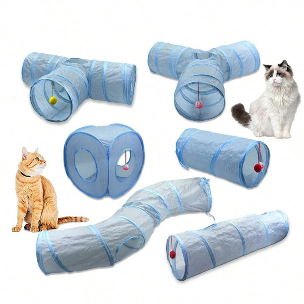 Túnel Tubo Dobrável para Gatos de Estimação 3 Vias Cinza Brinquedo Túnel para Gatinhos com Buraco de Espreitar Brinquedo Interativo de Treinamento para Animais de Estimação
