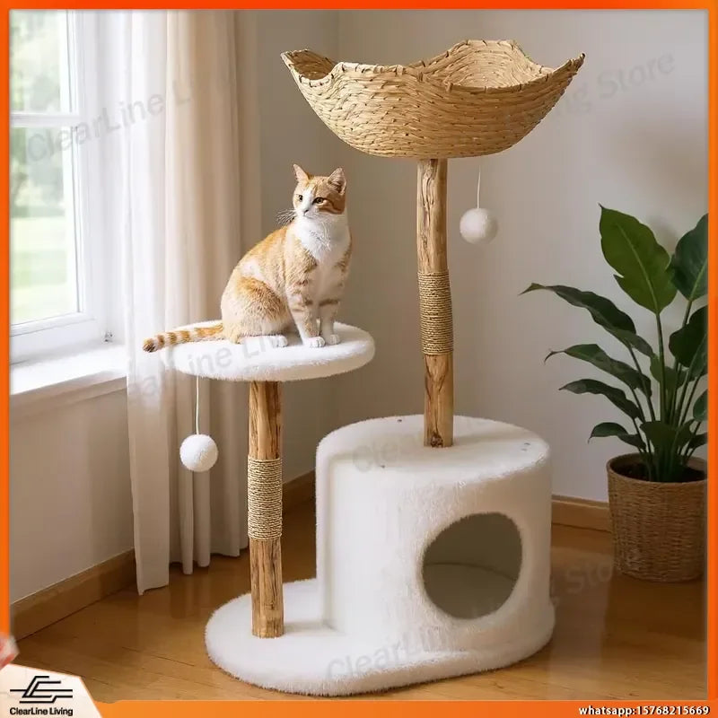 Multi-Level Cat Tree Tower with Cozy Bed Wicker Basket Condo Wooden Scratching Post Climbing Activity Center for Cats Indoor