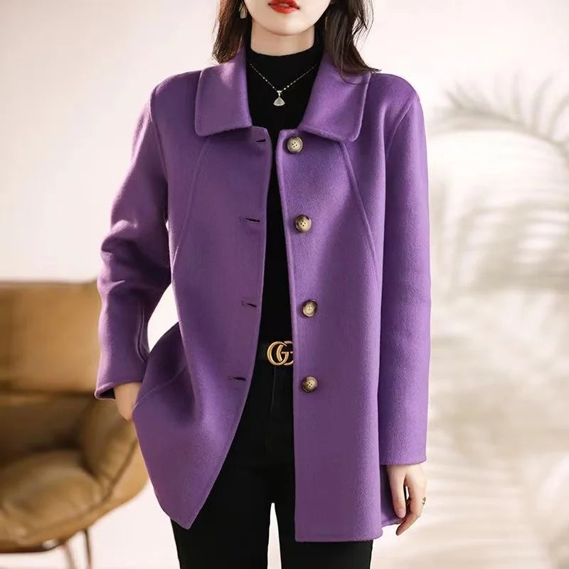 Novo Casaco Feminino de Lã Elegante de Outono e Inverno, Alta Qualidade, Peito Simples, Slim, Quebra-vento