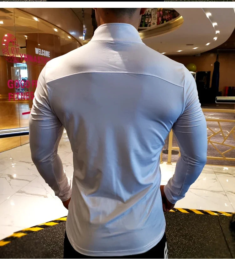 Camisa Masculina Manga Longa Compressão para Corrida Secagem Rápida Academia Fitness Ciclismo Zíper Rashguard