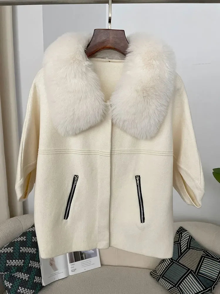 OFTBUY New Autumn and Winter Women Cardigan Short Knitted Sweater Solid Color with Faux Fur Collar Three Quarter Sleeves Coat