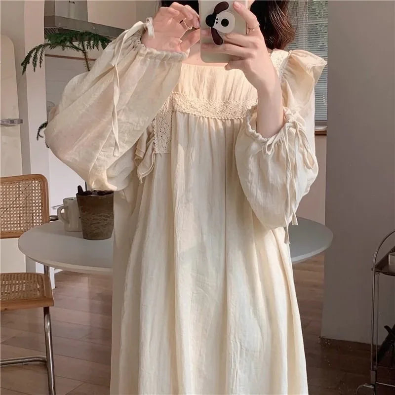 Vestido Feminino Noturno Sexs Plus Size Cor Sólida Camisola Primavera Verão Pijama Feminino Doce Longo Branco Manga Longa Loungewear